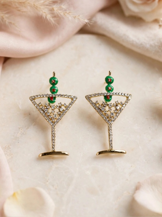 Jewelry - NWT Rhinestone Martini Glass Earrings Gold Cocktail Olive Holiday